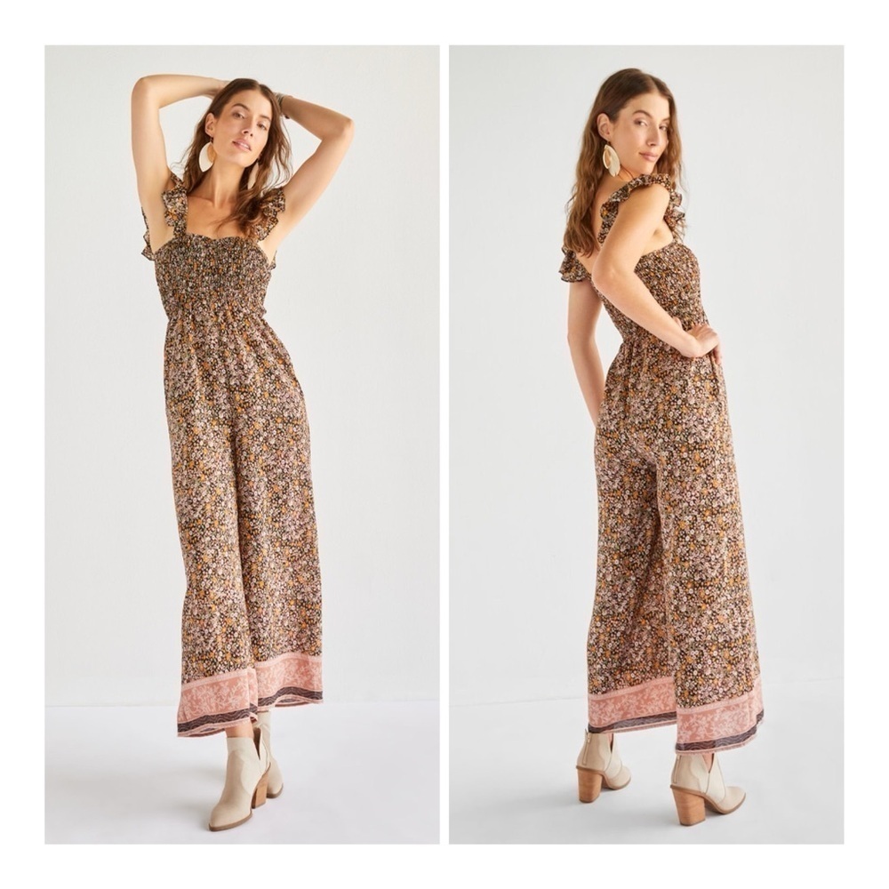Francesca's Brielle Brown Gold Floral Smocked Ruffle Sleeves Jumpsuit Sz Small